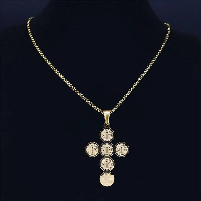 316L Stainless Steel Saint Benedict Cross Necklace Chain Pendant For Men Jewelry