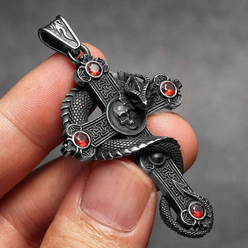 316L Stainless Steel Serpent Sword Cross Pendant Necklace with Gemstones