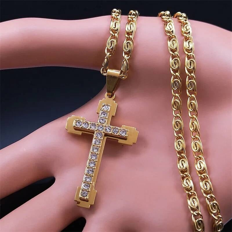316L Stainless Steel Cross Chain Necklace Pendant For Men Zircon Jewelry Accessories Male