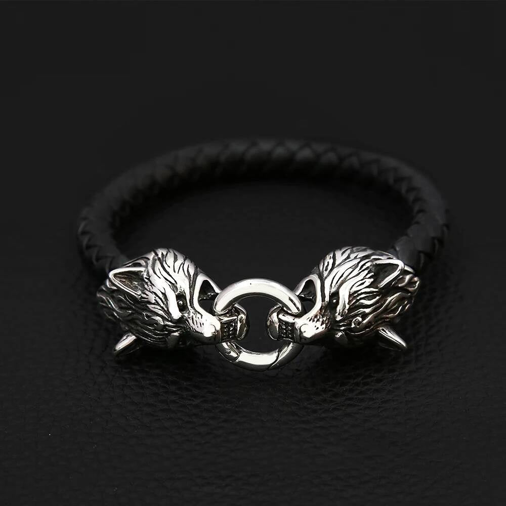 Viking Wolf Head Leather Bracelet – Norse Mythology Jewelry