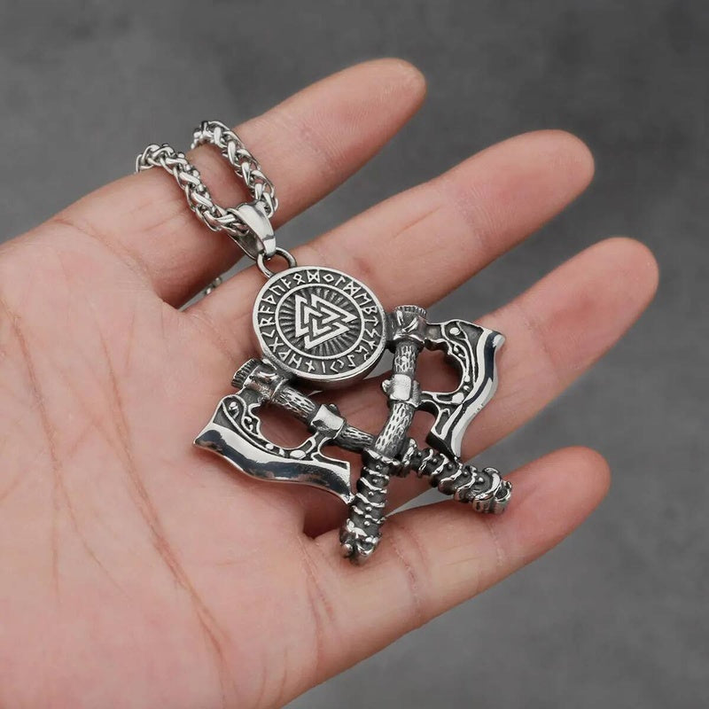 Viking Double Axe & Valknut Rune Necklace – Norse Warrior Stainless Steel Pendant