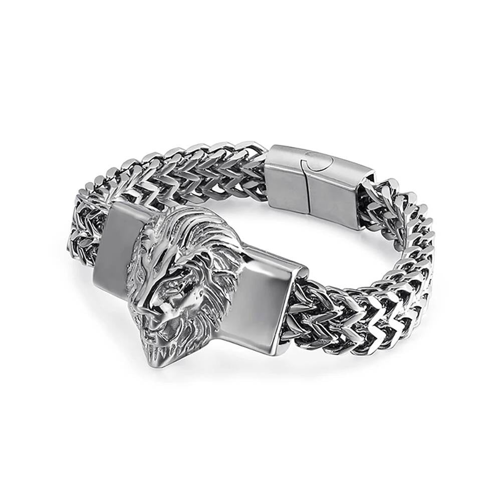 Lion Head Stainless Steel Chain Bracelet – Bold King of the Jungle Jewelry Style A