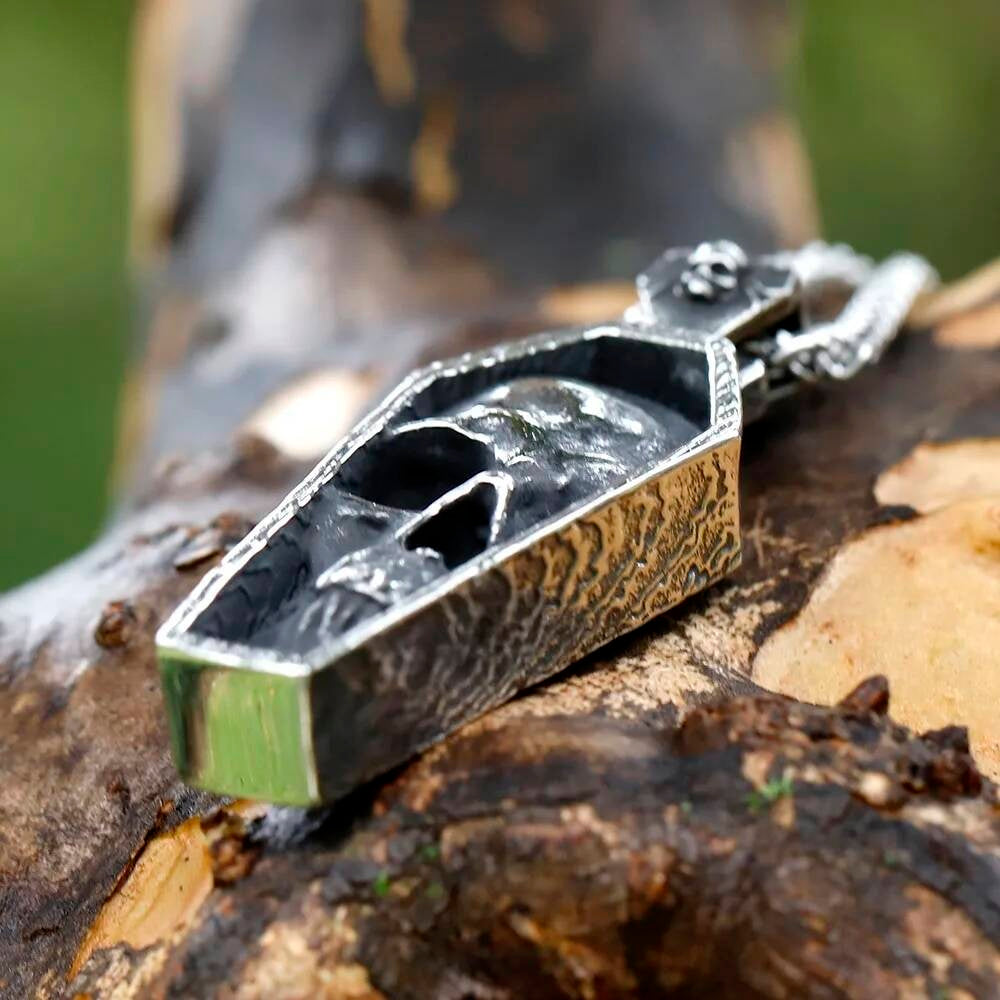 Coffin Skull Pendant Necklace, Gothic Silver Jewelry with Detailed Skull Design