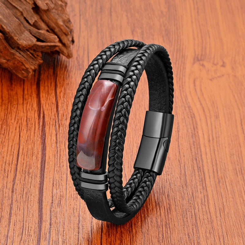 Black Braided Leather Bracelet with Green Jade Beads - Stylish Multi-Layer Magnetic Clasp Jewelry for Casual Wear and Gifts Style I