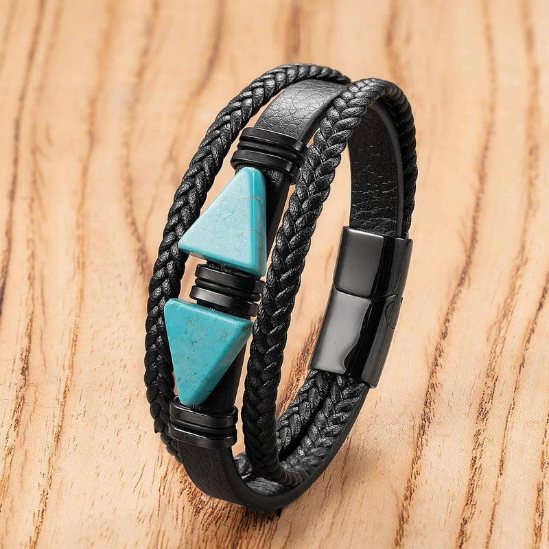 Trendy Black Leather Stone Men Jewelry Stainless Steel Bracelets For Male Women Valentine Day Wrist Bangle Gifts Style-B