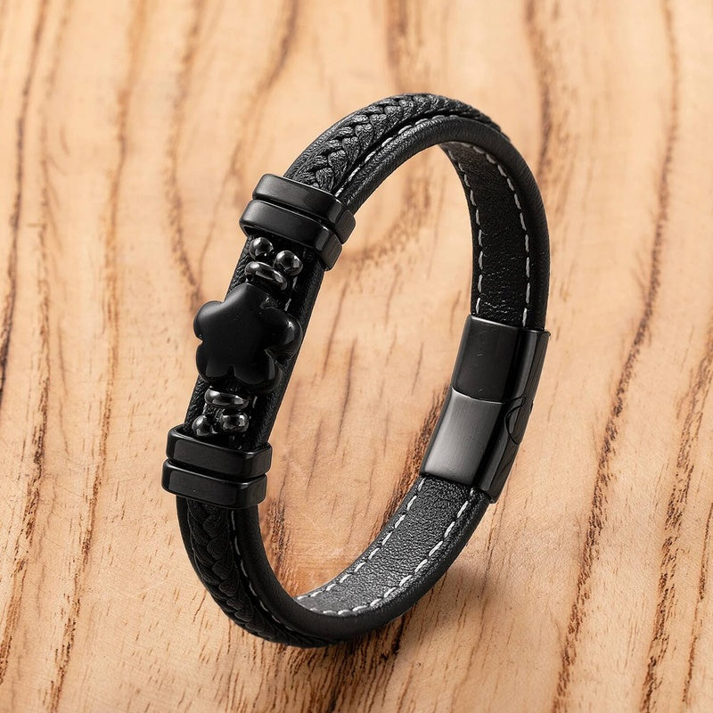 Black Braided Leather Bracelet with Green Jade Beads - Stylish Multi-Layer Magnetic Clasp Jewelry for Casual Wear and Gifts Black-E