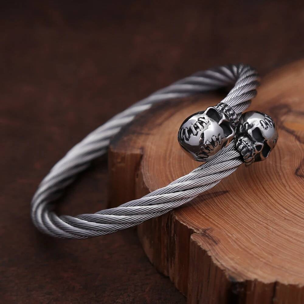 Twisted Cable Skull Cuff Bracelet for Men Gothic Punk Rock Biker Jewelry 316L Stainless Steel Open Bangle