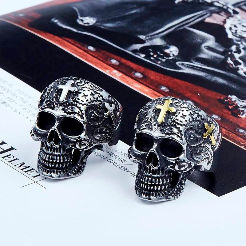 Engraved Skull Cross Ring – Gothic Stainless Steel Biker Jewelry