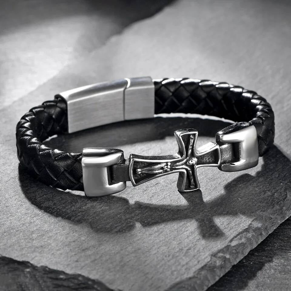 Men’s Leather Cross Bracelet – 316L Stainless Steel Christian Jewelry, Gothic Punk Wristband with Braided Strap
