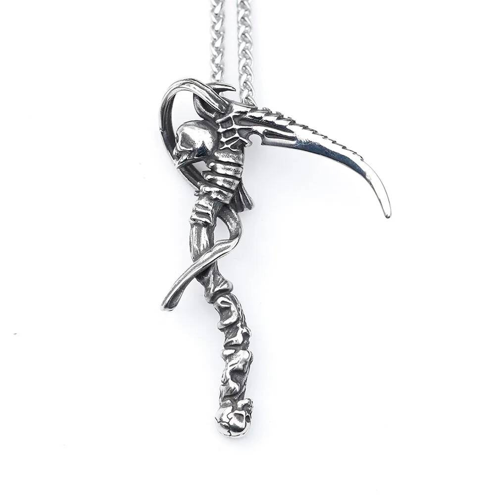 Scythe Pendant Necklace, Gothic Silver Jewelry with Grim Reaper Symbolism