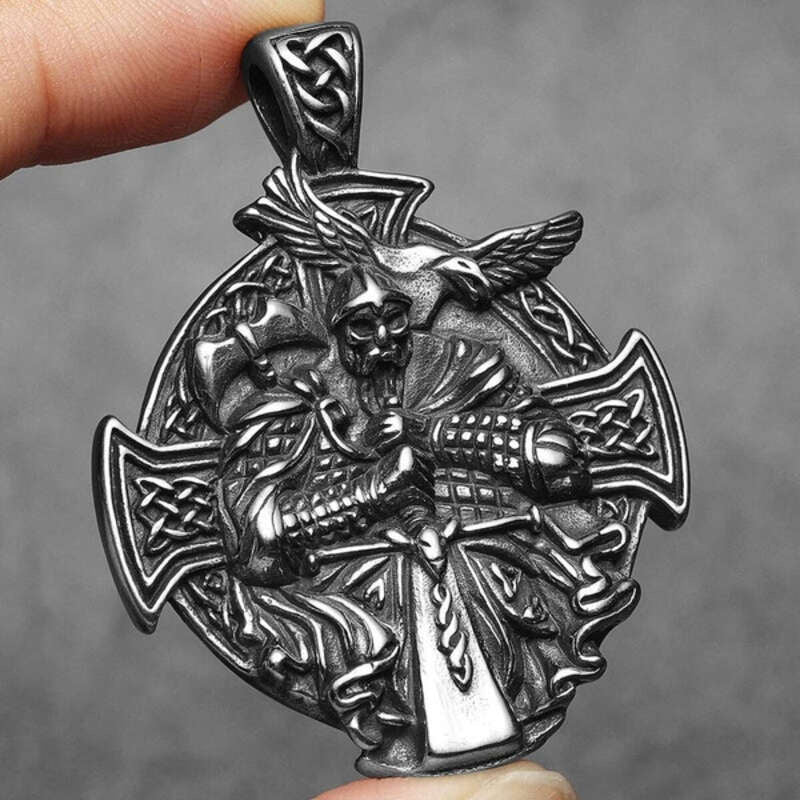 Viking Raven Warrior Cross Pendant Necklace – 316L Stainless Steel Norse Amulet