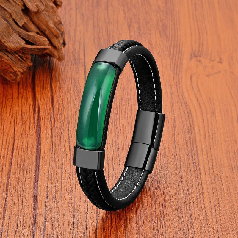 Black Braided Leather Bracelet with Green Jade Beads - Stylish Multi-Layer Magnetic Clasp Jewelry for Casual Wear and Gifts Green