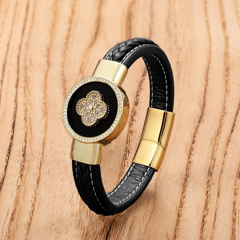 Black Braided Leather Bracelet with Green Jade Beads - Stylish Multi-Layer Magnetic Clasp Jewelry for Casual Wear and Gifts
