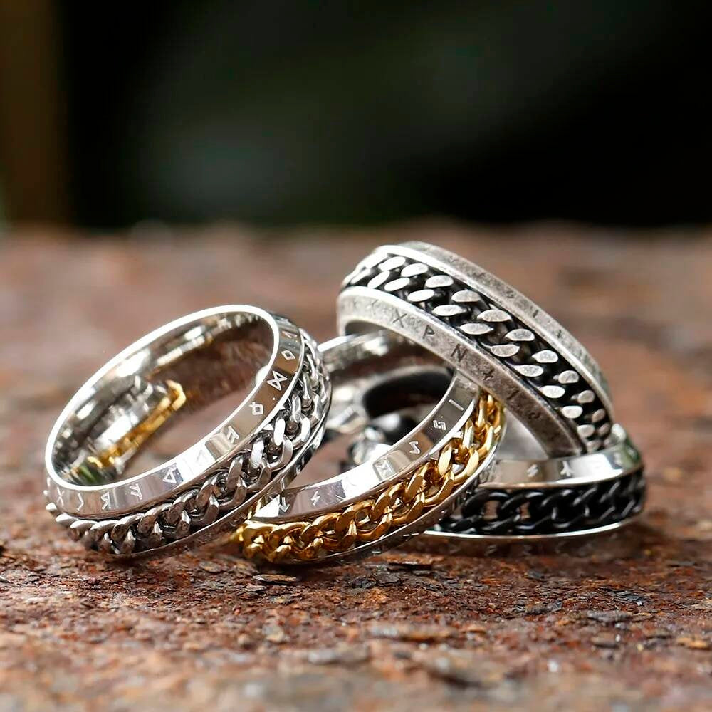 Rotating Rune Chain Ring – 8 mm Titanium Steel Viking Fidget Spinner Band