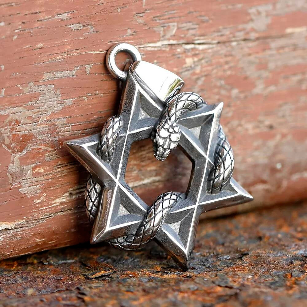 Hexagram Snake Pendant – Stainless Steel Occult Star Necklace