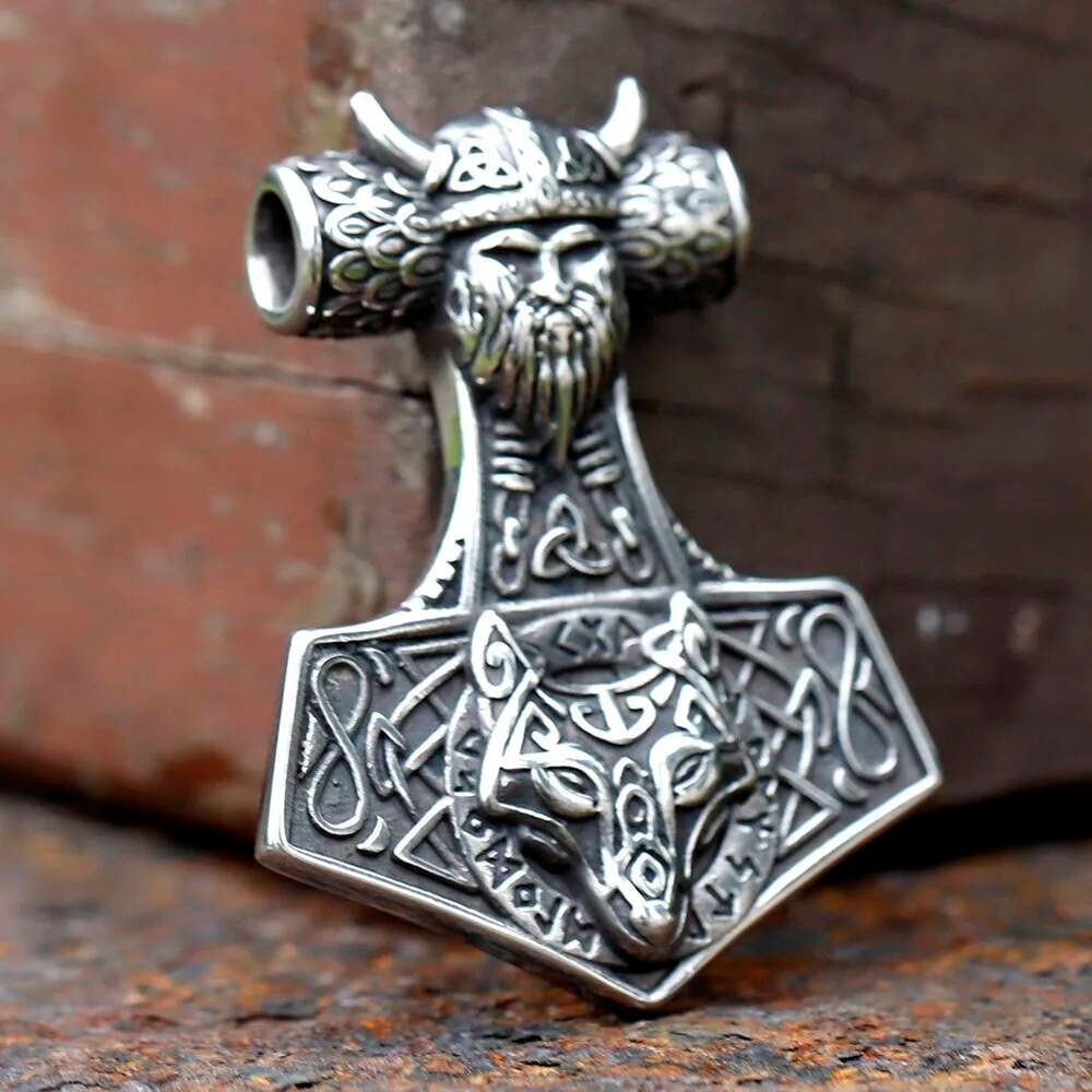 Viking Thor’s Hammer Pendant Necklace, Silver Norse Jewelry with Wolf Design