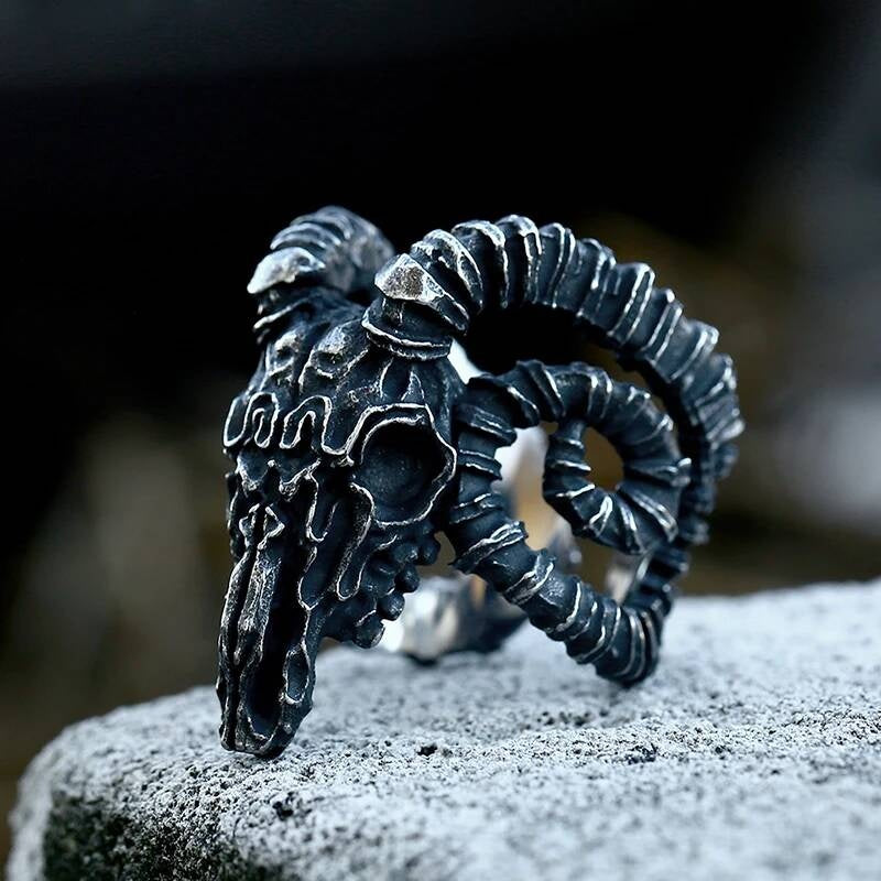 Skull and Ram Horn Ring - Gothic Stainless Steel Men's Biker Jewelry B STYLE