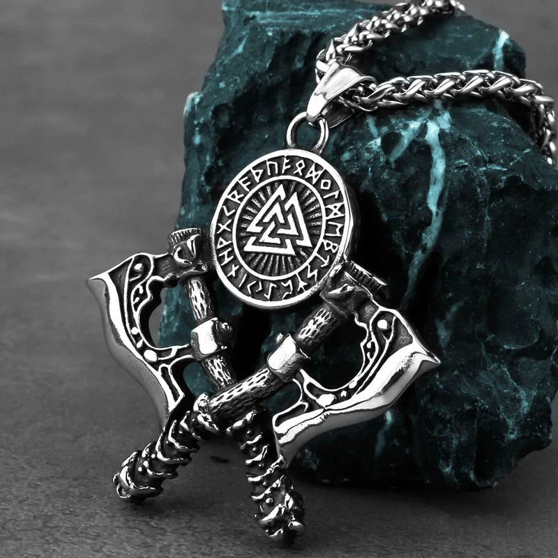 Viking Double Axe & Valknut Rune Necklace – Norse Warrior Stainless Steel Pendant 60CM Chain