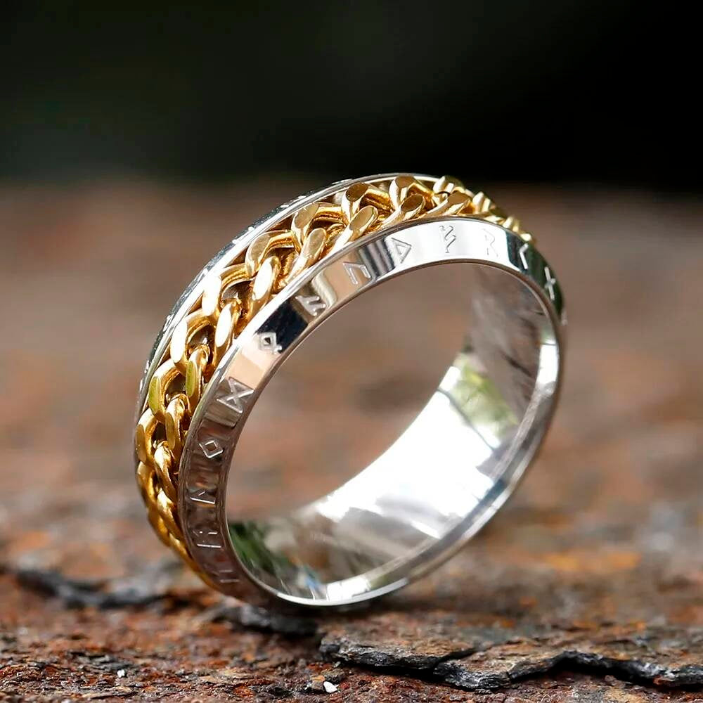 Rotating Rune Chain Ring – 8 mm Titanium Steel Viking Fidget Spinner Band gold