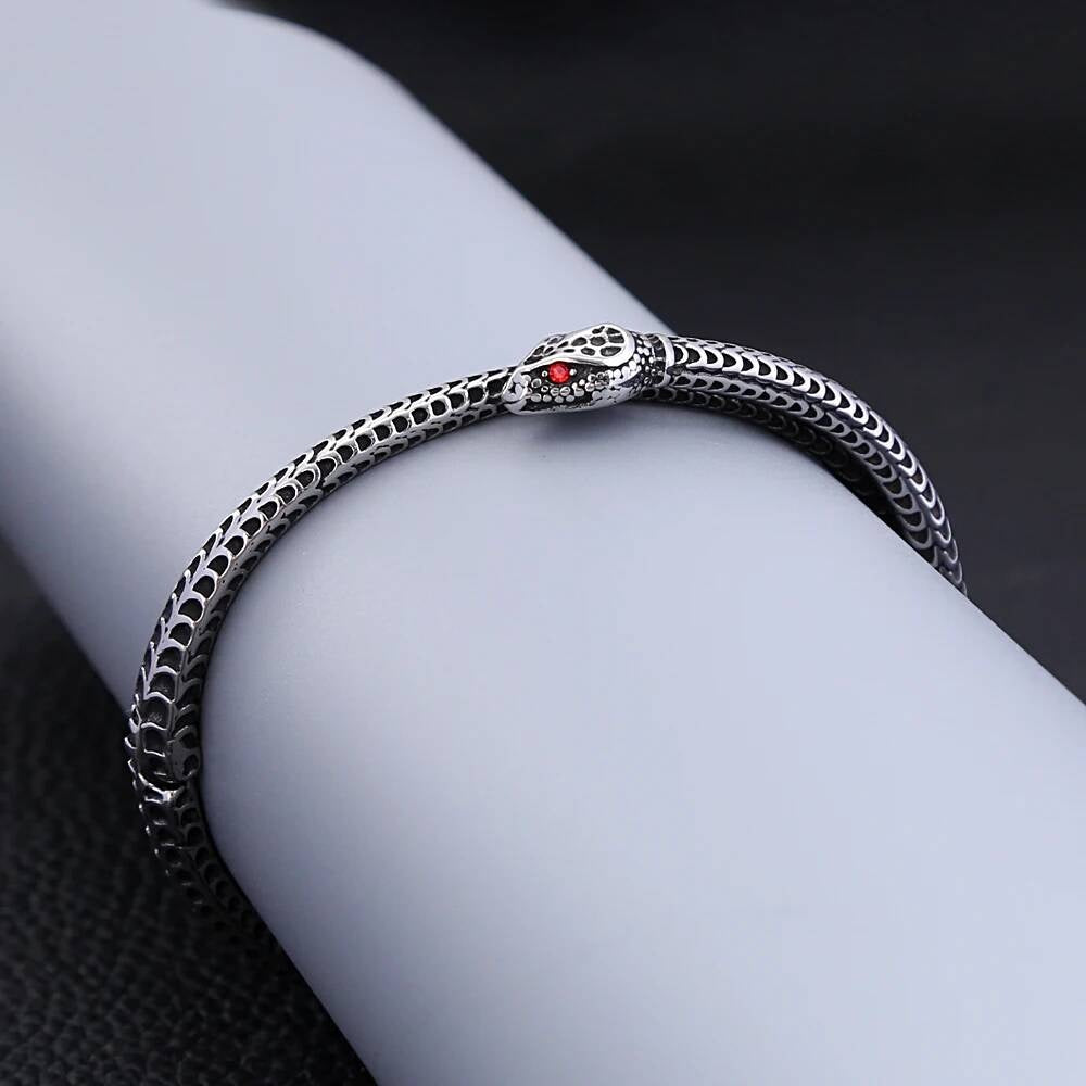 Snake Wrap Bracelet – Stainless Steel Serpent Bangle with Red Eyes