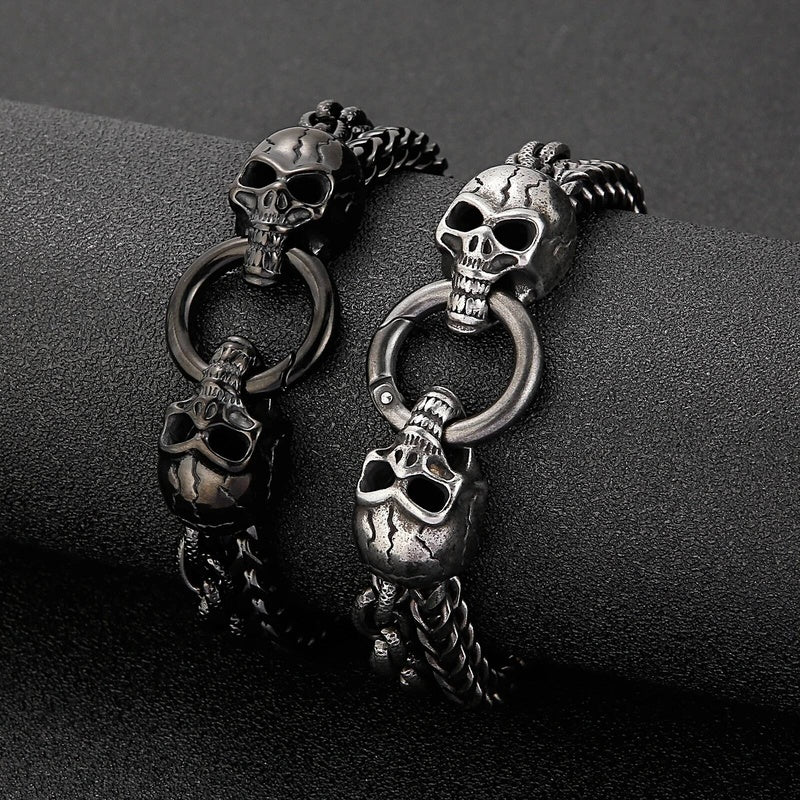 Punk Double Layer Chain Bracelet Men Stainless Steel Evil Skull Ghost Wristband Jewelry