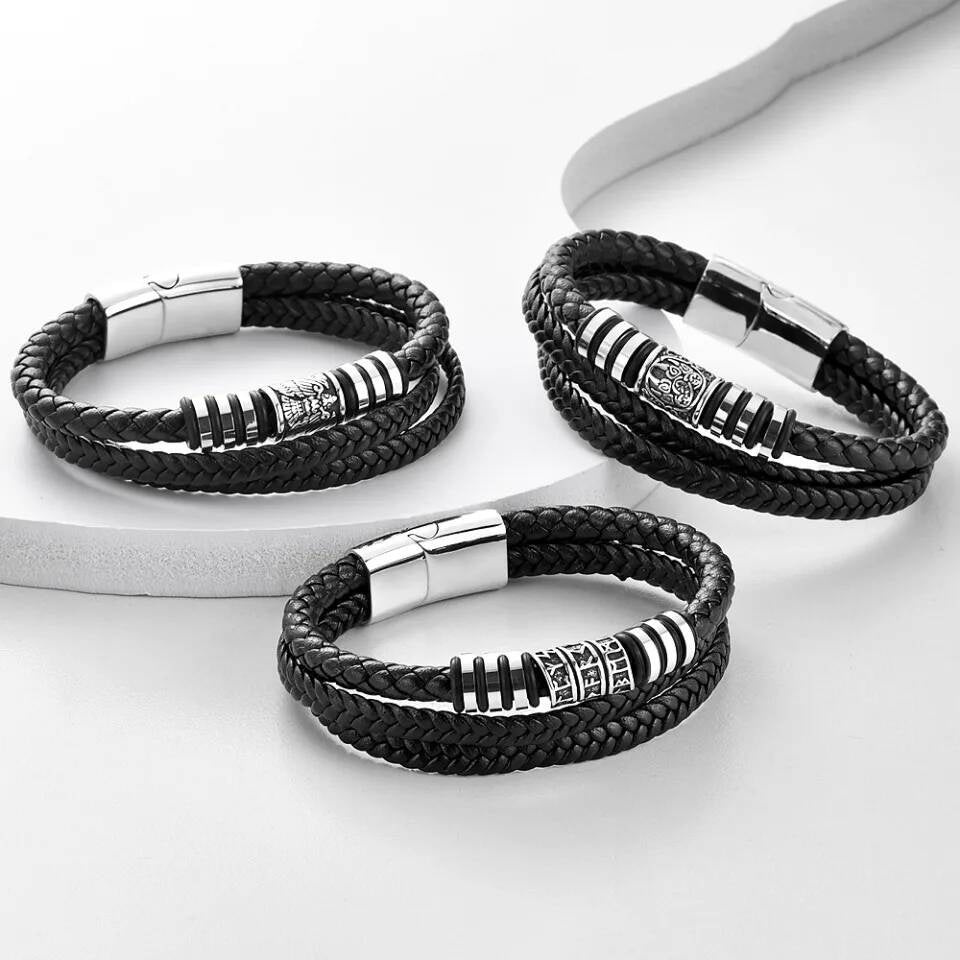 Mens Braided Leather Bracelet – Multi-Layer Stainless Steel Norse Viking Bangle