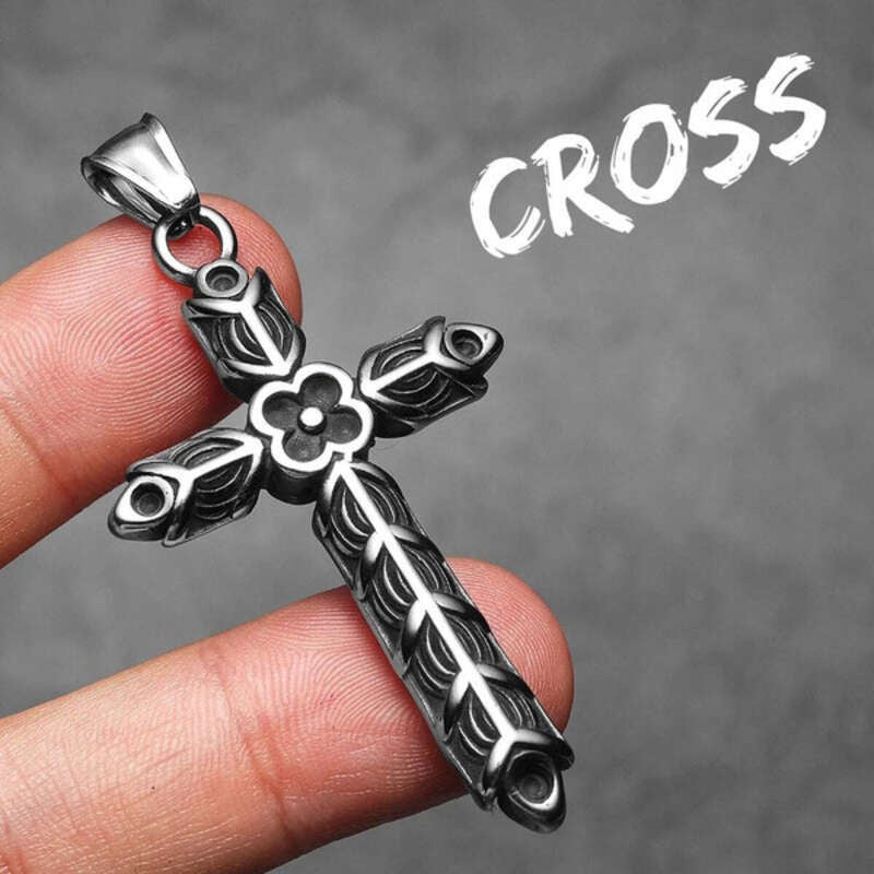 316L Stainless Steel Flower Cross Pendant Necklace for Men N1377-Only Pendant