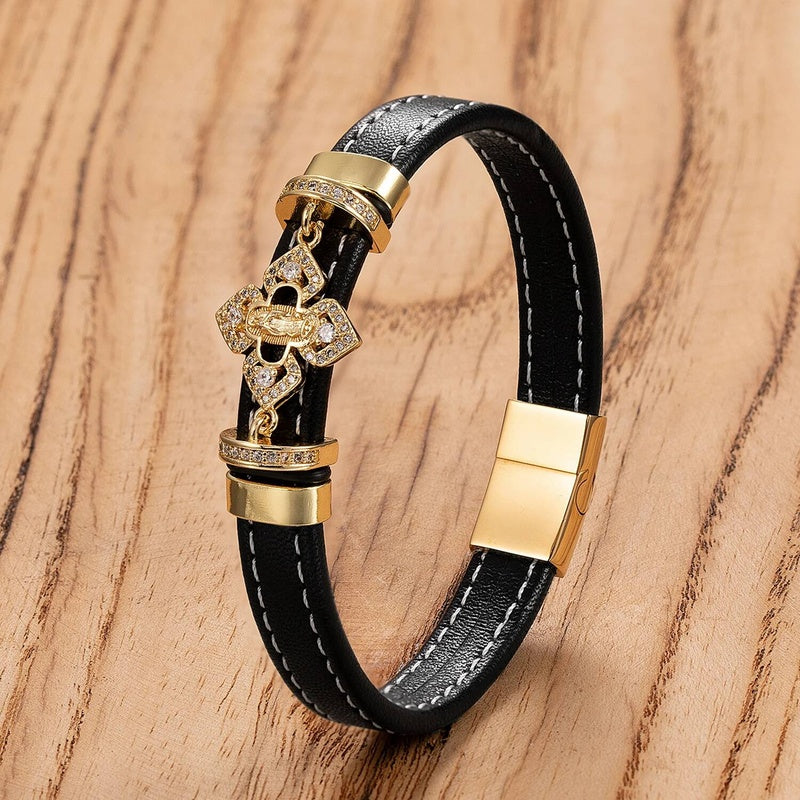 Black Braided Leather Bracelet with Green Jade Beads - Stylish Multi-Layer Magnetic Clasp Jewelry for Casual Wear and Gifts Gold-D