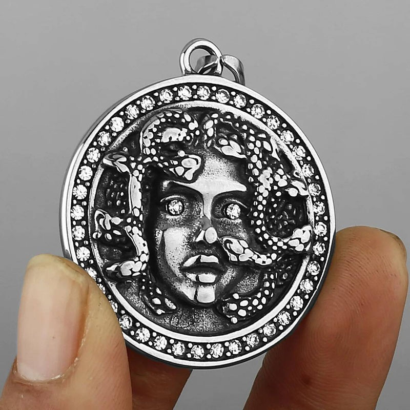 Medusa Pendant with Red Rhinestones – Greek Mythology Medallion Necklace