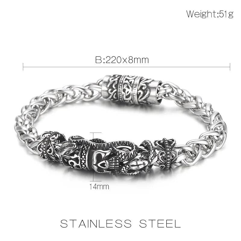 8mm Snake Skull Chain Bracelet Men Stainless Steel Magnet Clasp Jewelry