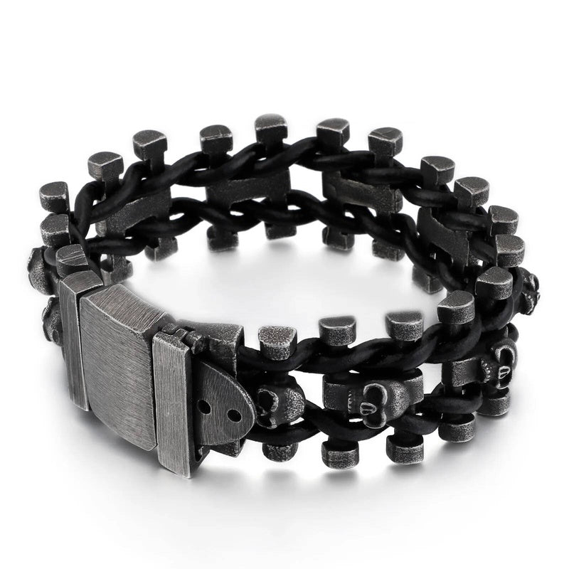Stainless Steel 316L Skull Head Bracelet Men Pirate Viking Biker Jewelry With Black Genuine Leather