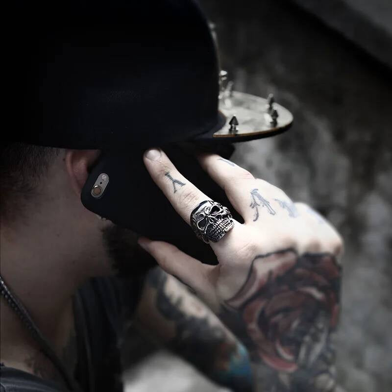 Skull Ring with Gold Skeleton Detail – Stainless Steel Gothic Jewelry