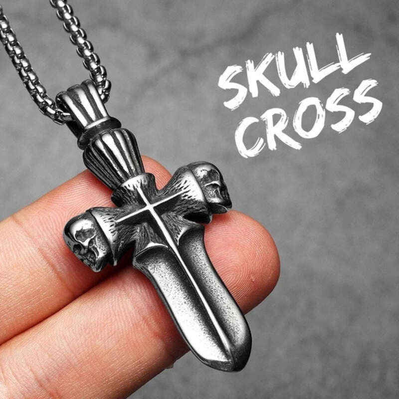 316L Stainless Steel Skull Dagger Cross Pendant Necklace N1355-With Chain
