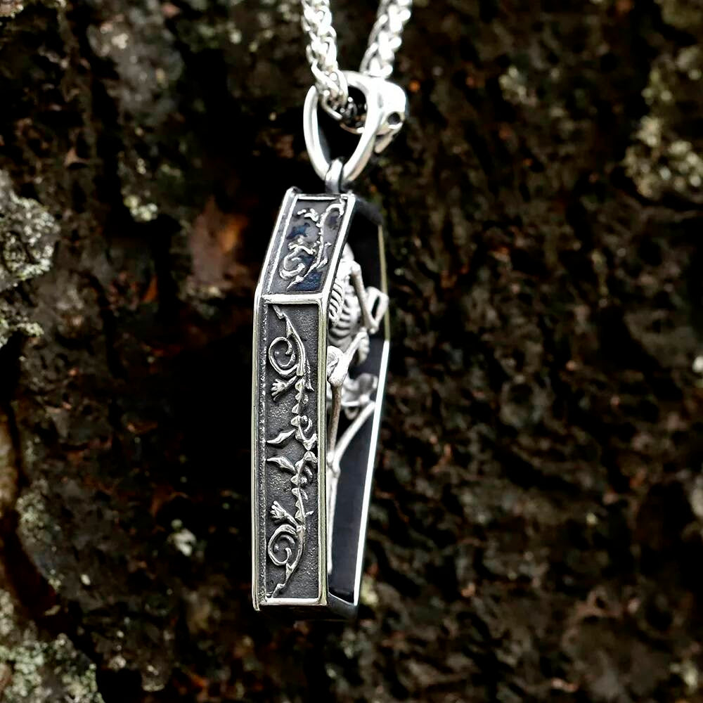 Skeletons in Coffin Pendant Necklace, Gothic Silver Jewelry with Death and Love Symbolism