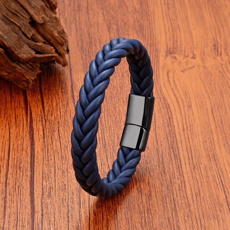 Black Braided Leather Bracelet with Green Jade Beads - Stylish Multi-Layer Magnetic Clasp Jewelry for Casual Wear and Gifts Blue Leather-Black