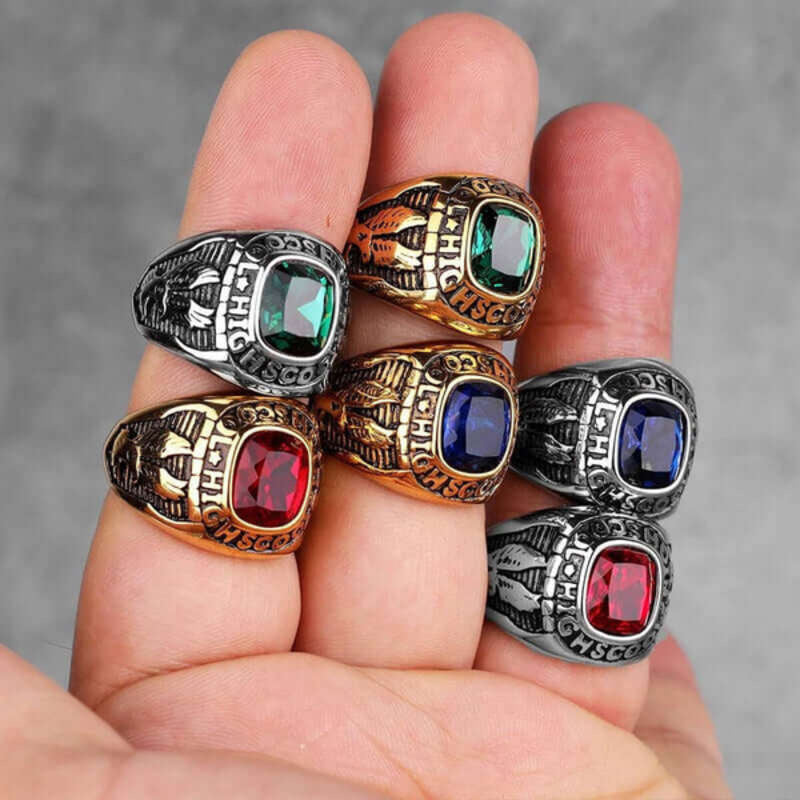 Rhinestone High School Ring - Stainless Steel Vintage Inspired Class Jewelry