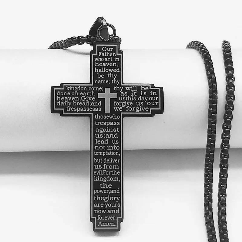 316L Stainless Steel Cross Necklace Men For Jesus Chain Pendant Protect Jewelry Religion Accessories Male Black