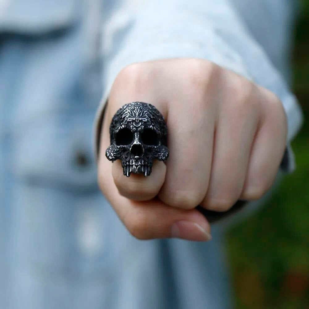 Flower Skull Horned Devil Ring - Gothic Stainless Steel Teen Jewelry