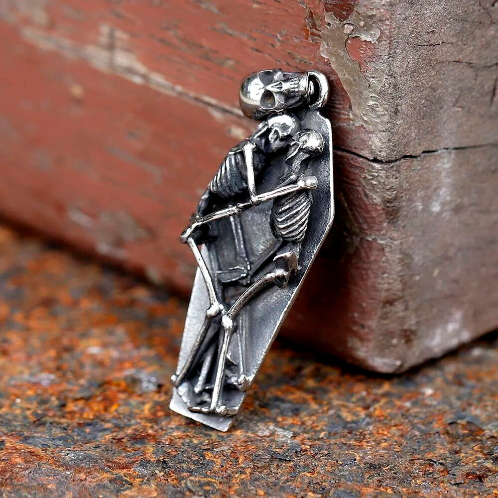 Skeletons in Coffin Pendant Necklace, Gothic Silver Jewelry with Death and Love Symbolism