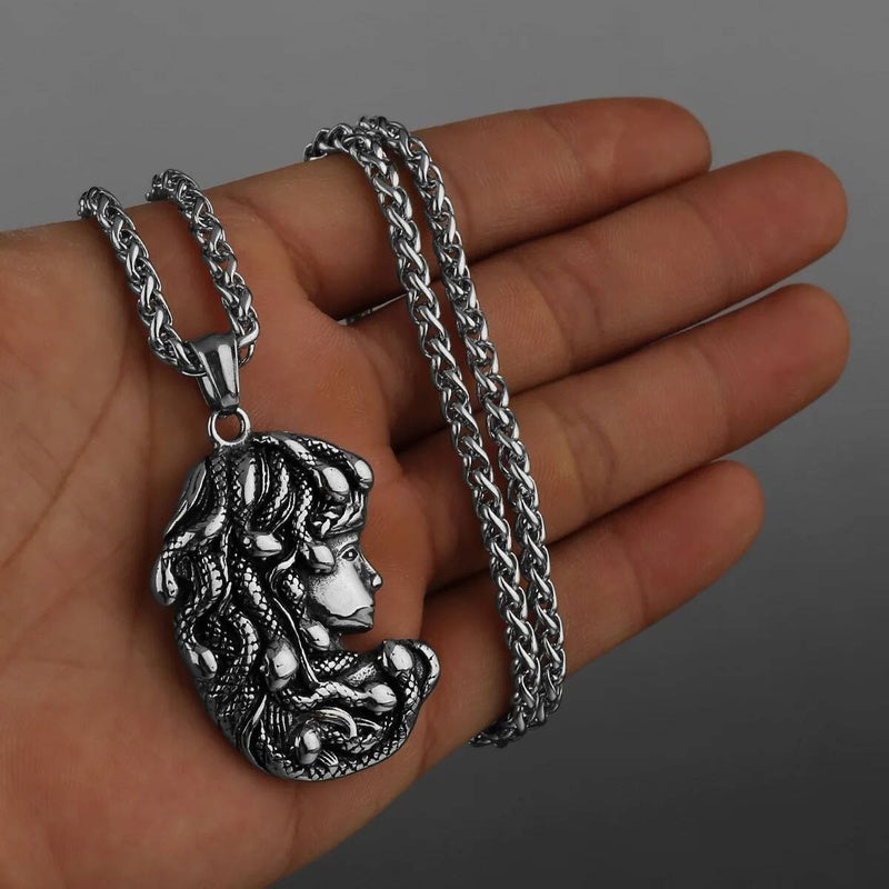 Medusa Pendant with Red Rhinestones – Greek Mythology Medallion Necklace