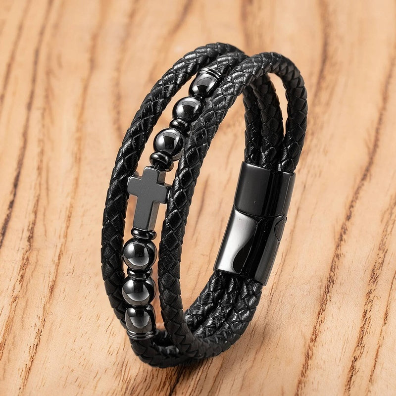 Black Braided Leather Bracelet with Green Jade Beads - Stylish Multi-Layer Magnetic Clasp Jewelry for Casual Wear and Gifts Style-G