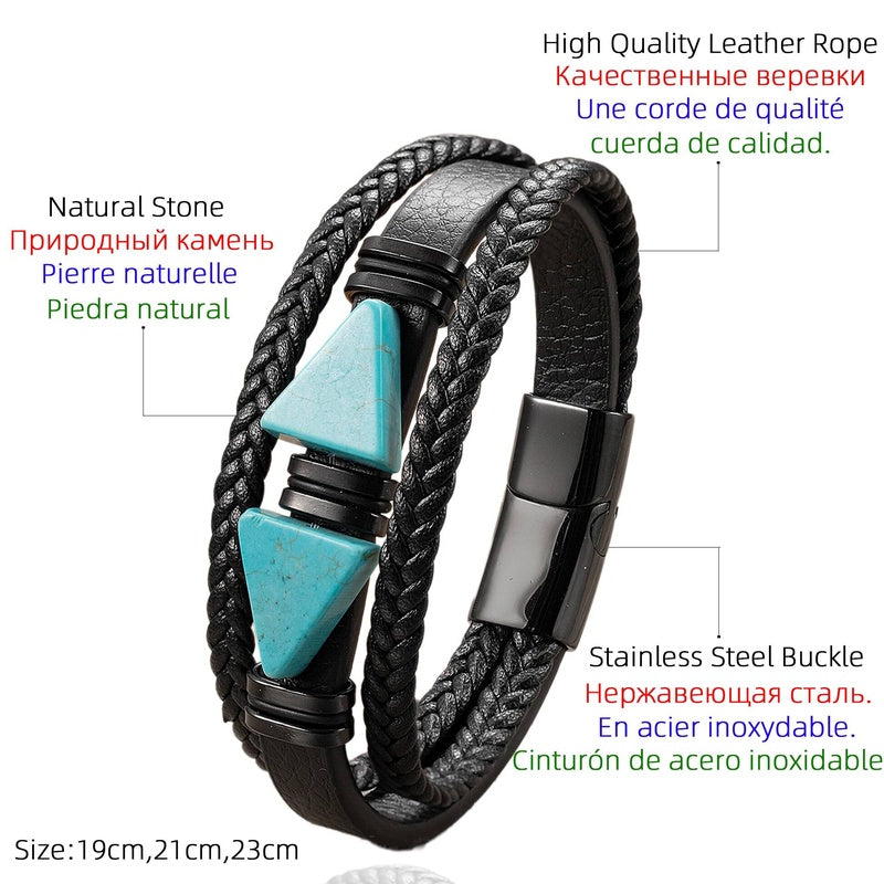 Trendy Black Leather Stone Men Jewelry Stainless Steel Bracelets For Male Women Valentine Day Wrist Bangle Gifts
