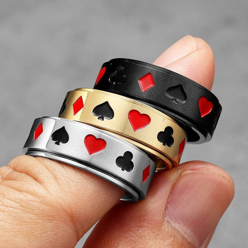 Lucky Poker Fidget Spinner Ring 316L Stainless Steel Punk Jewelry for Men