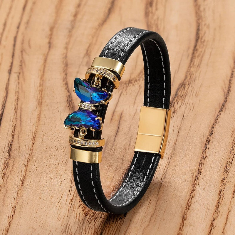 Men's Black Leather Gold Bow Accent Bracelet for Special Occasions Style-E