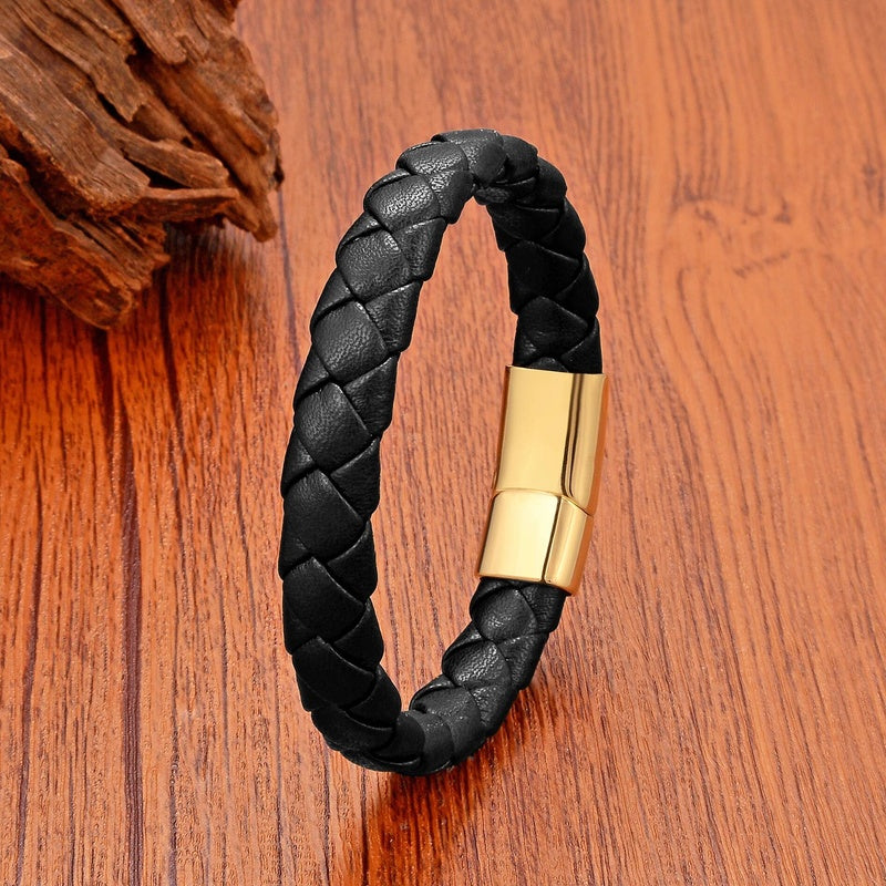 Men's Brown Leather Bracelet for Classic Gifts Gold Buckle-C