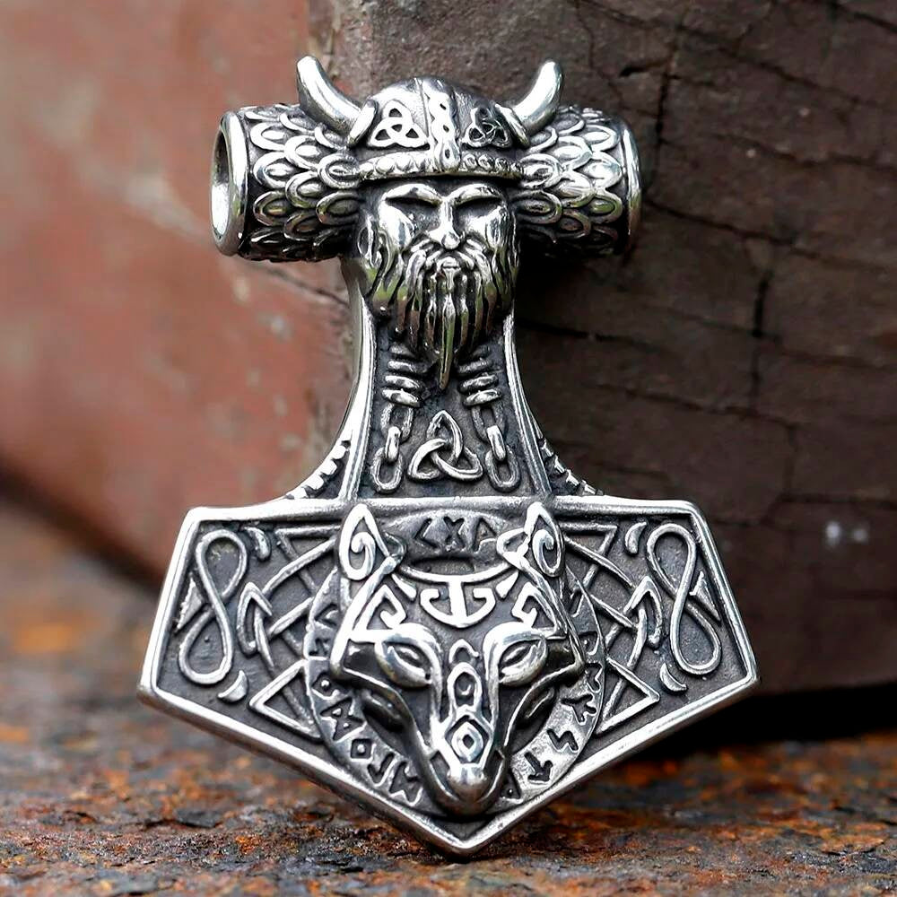 Viking Thor’s Hammer Pendant Necklace, Silver Norse Jewelry with Wolf Design