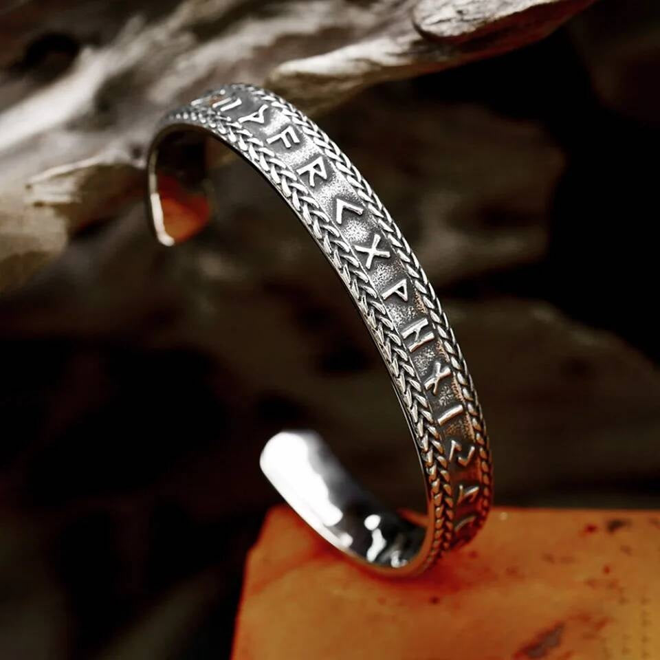 Viking Rune Bracelet with Braided Edge – Nordic Stainless Steel Cuff