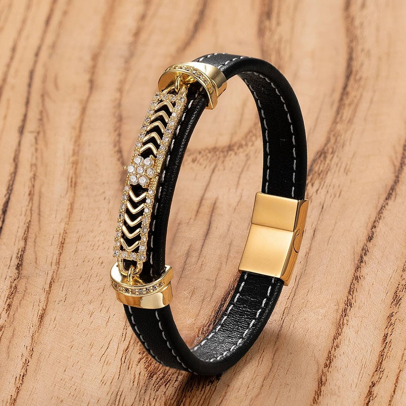 Men's Black Leather Diamond Accent Bracelet for Elegant Gifts Gold-H
