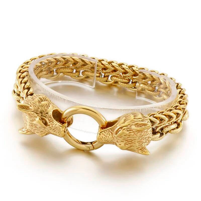 Multi-Color Wolf Bracelet Men Stainless Steel 316L Animal Head Bone Double Layer Chain Jewelry KB152515-KFC 22cm