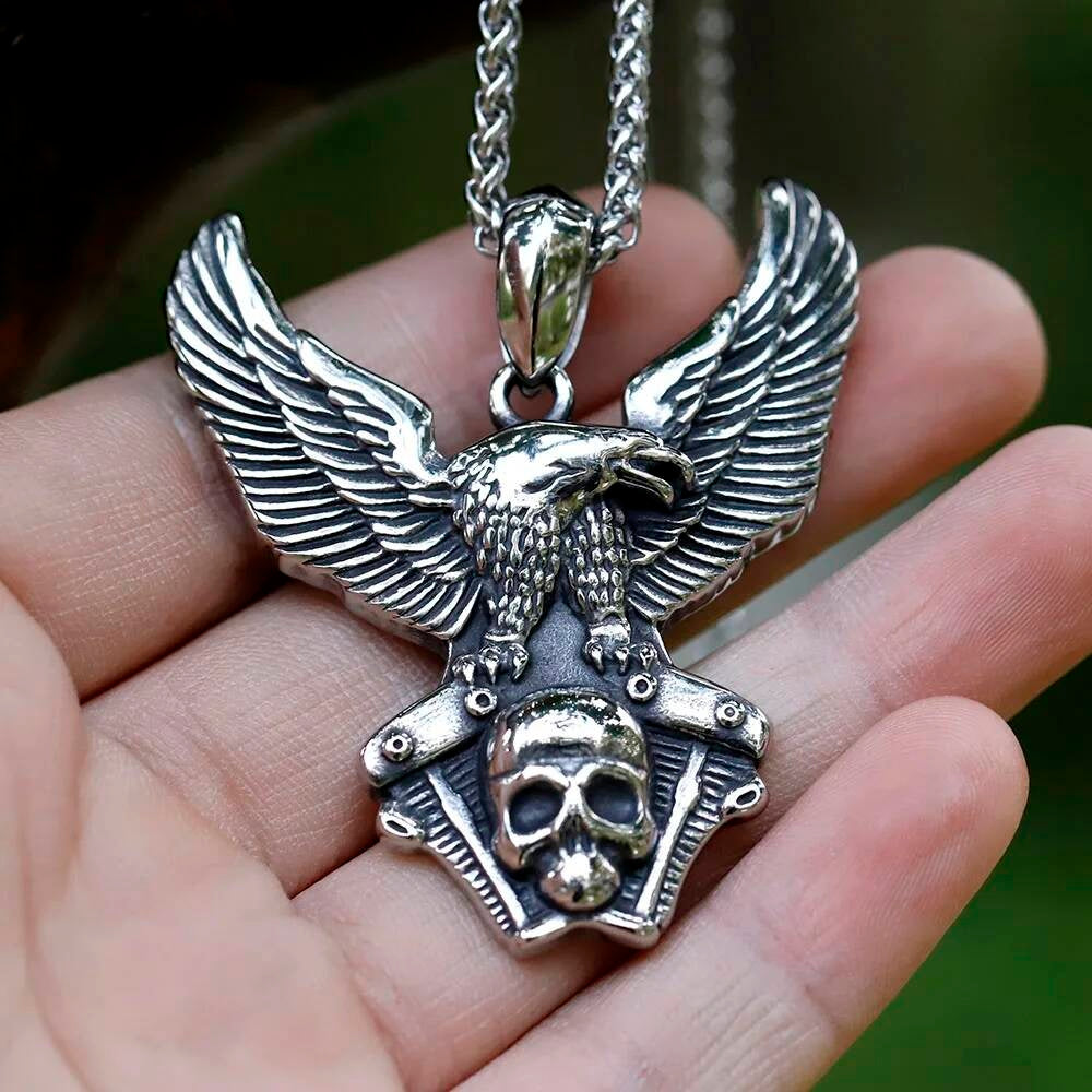 Men’s Stainless Steel Eagle Skull Pendant Necklace Biker Gothic Jewelry